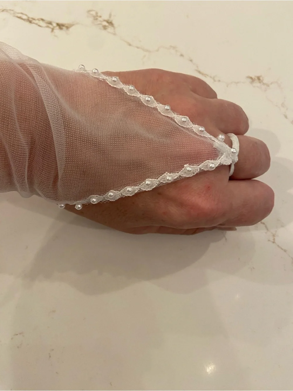 Vintage Fingerless Bridal Gloves White Sheer Mesh w/ Beaded Accents Elbow Length